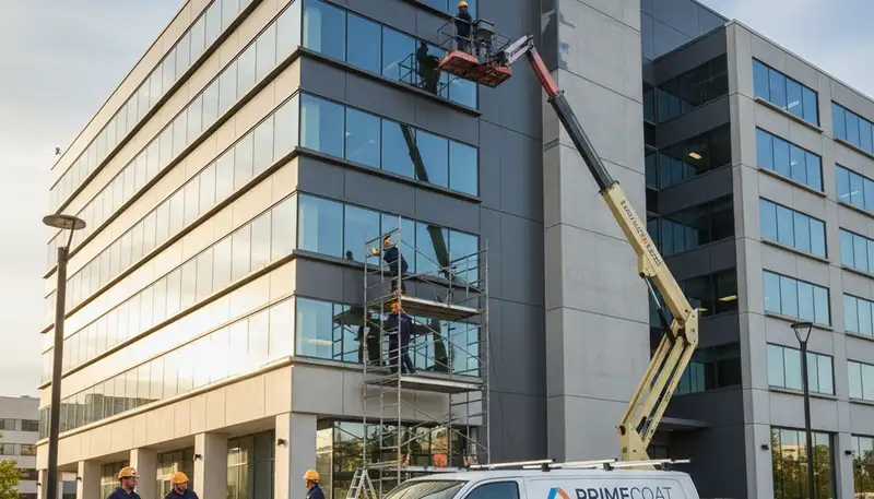 Professional commercial painters in Dallas TX applying exterior coatings to business building façade