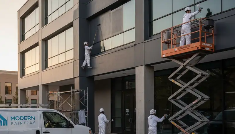 Professional commercial painters in Dallas TX finishing exterior business building painting project