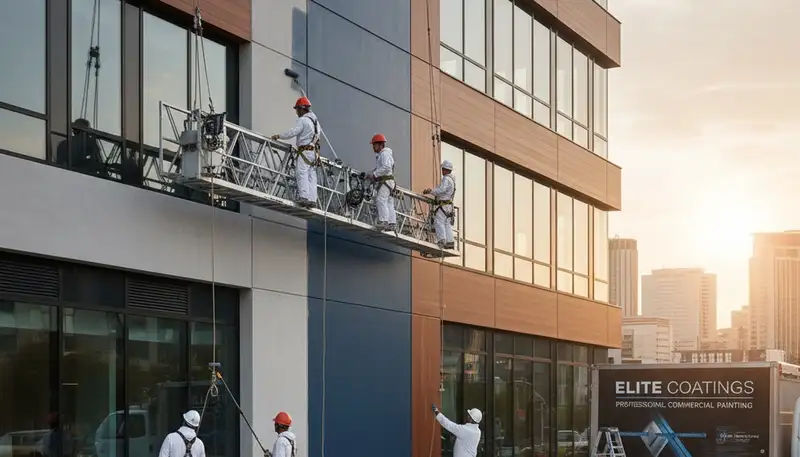 Professional commercial painters working on an office building exterior in Dallas, TX