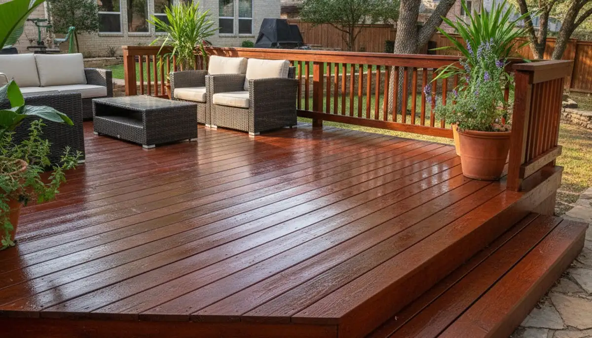 Finished deck staining in Dallas TX showcasing rich wood color, smooth finish, and lasting weather protection