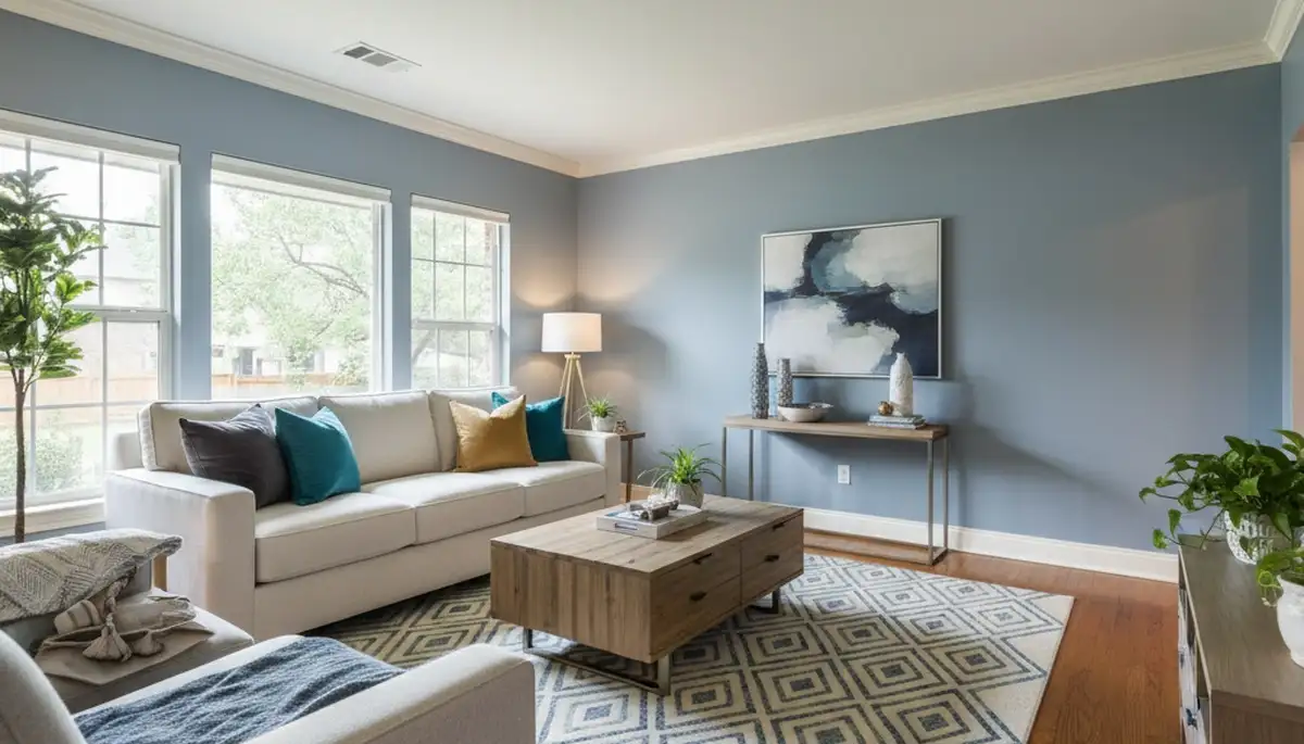 Freshly painted Dallas, TX living room with smooth interior finishes by expert house painters