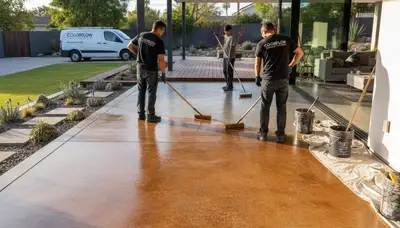 Professional concrete staining on residential patio in Dallas, TX by local house painting experts