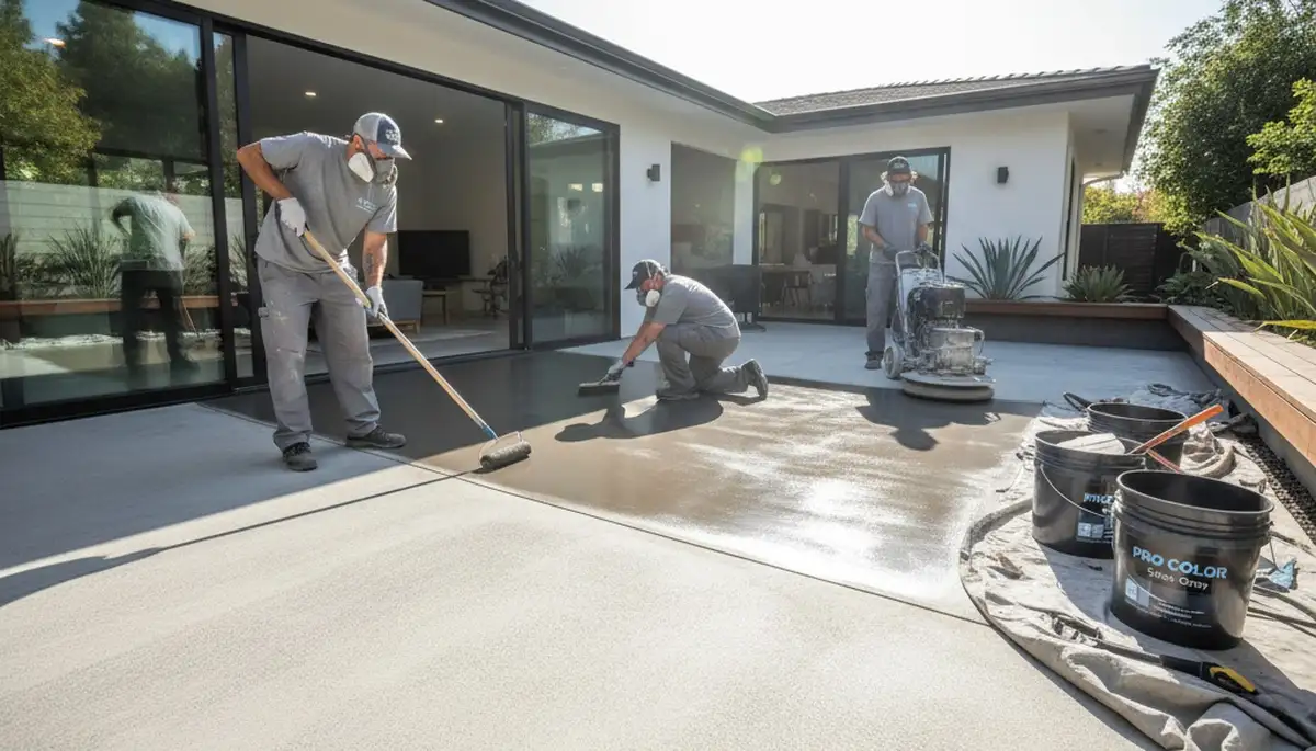 Professional concrete staining on residential patio in Dallas, TX by expert house painters