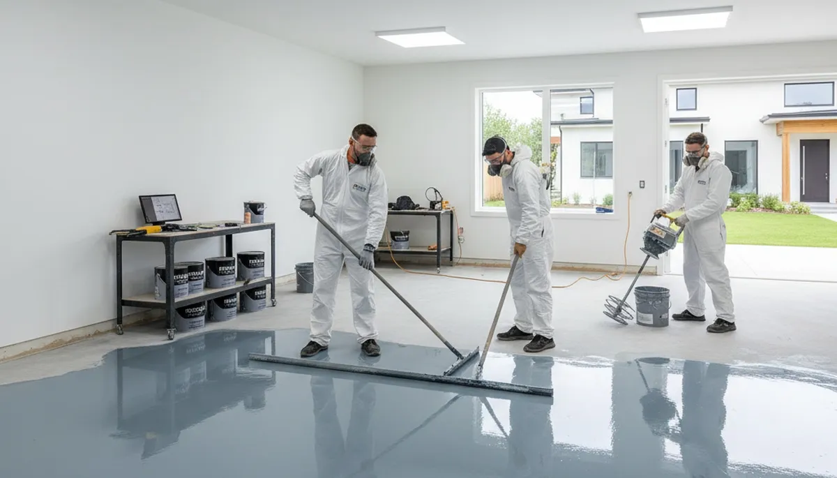 Professional epoxy floor coating installation in Dallas, TX garage by expert house painters