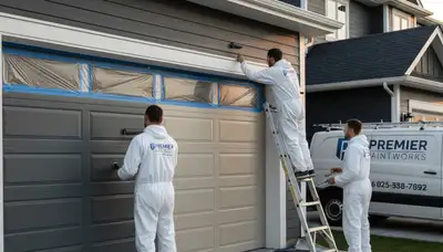 Professional garage door painting in Dallas TX by expert house painters restoring curb appeal