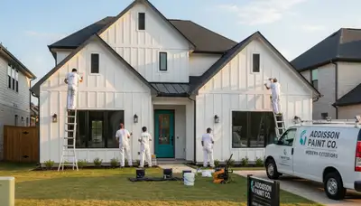 House painters working on a Dallas, TX home exterior with professional painting equipment