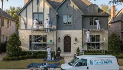 House painters in Dallas, TX painting a home exterior with professional tools