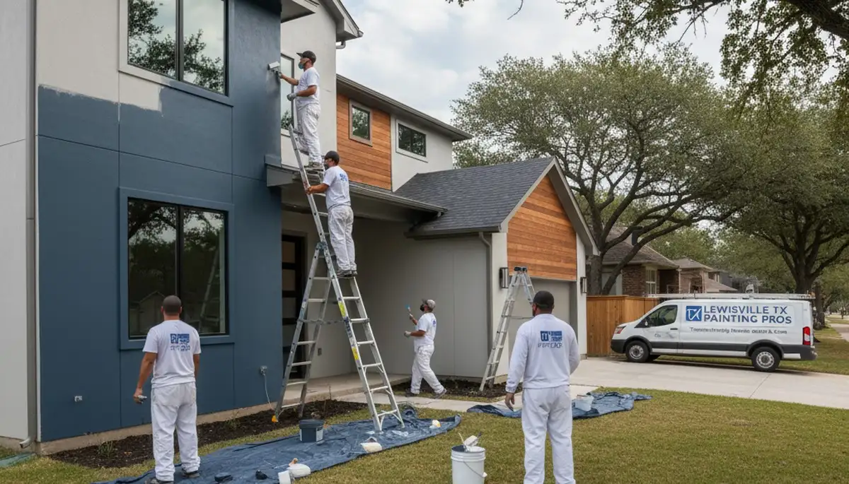 Professional house painters working on exterior home in Dallas, TX