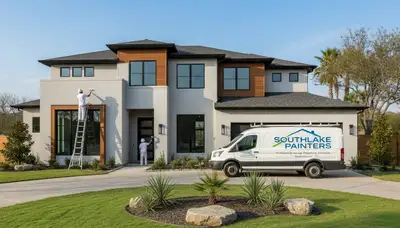 Professional house painters in Dallas TX applying exterior paint to a modern home façade