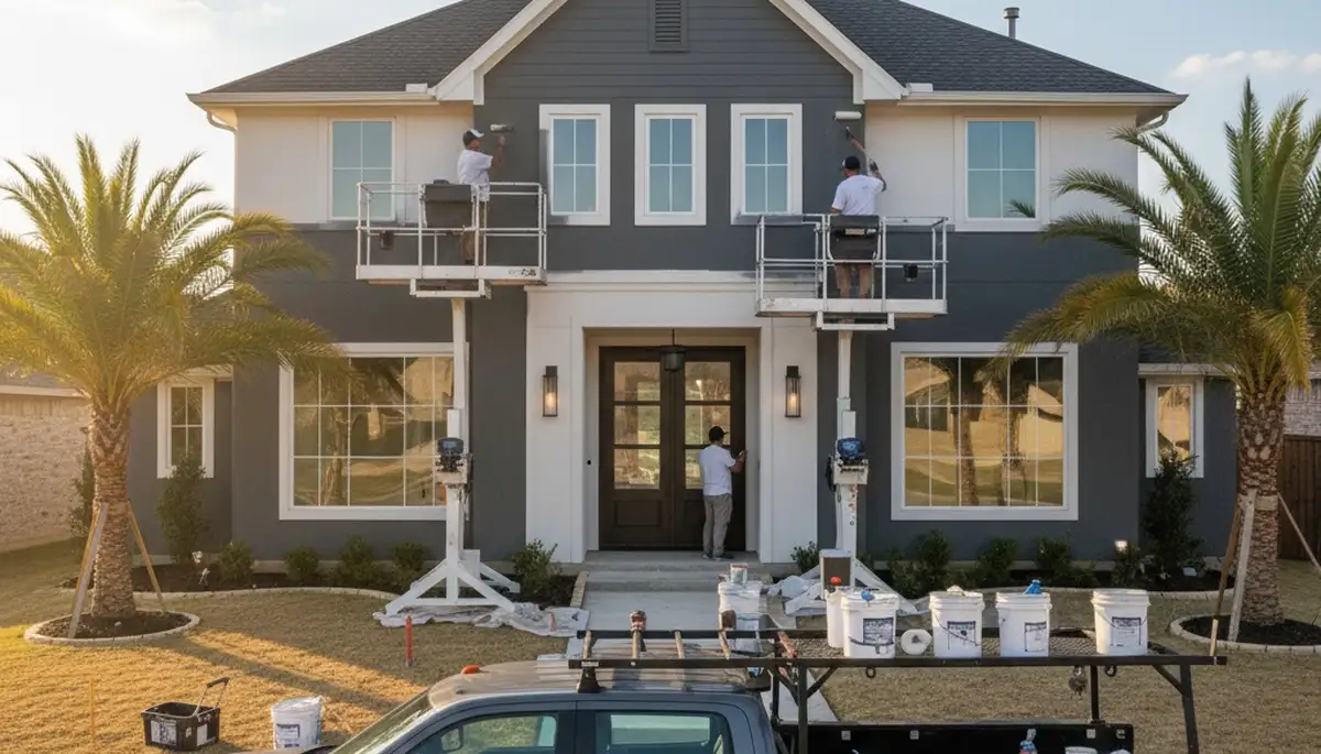 Professional house painters in Dallas TX applying exterior paint to a residential home façade
