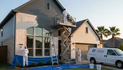 Professional house painters in Dallas TX applying exterior paint to modern home façade