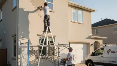 Professional stucco repair on Dallas TX home exterior by expert house painters restoring smooth finish