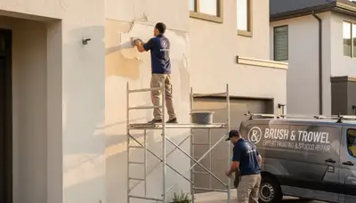 Professional stucco repair on Dallas TX home exterior by expert house painters restoring smooth finish