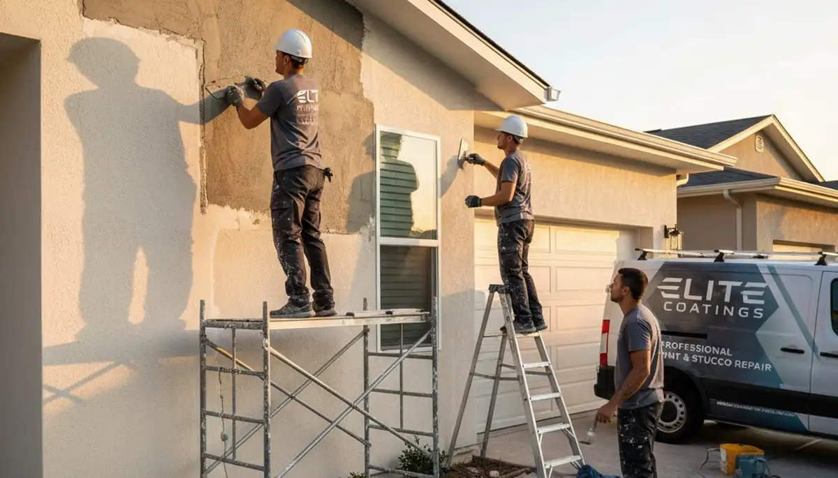 Professional stucco repair on Dallas TX home exterior by expert house painters restoring smooth finish