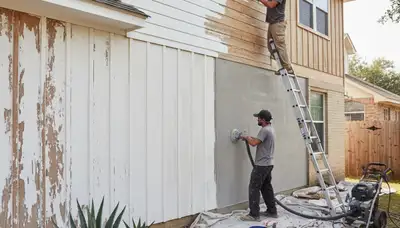 Professional painters preparing exterior surfaces for new coatings on a Dallas, TX home exterior